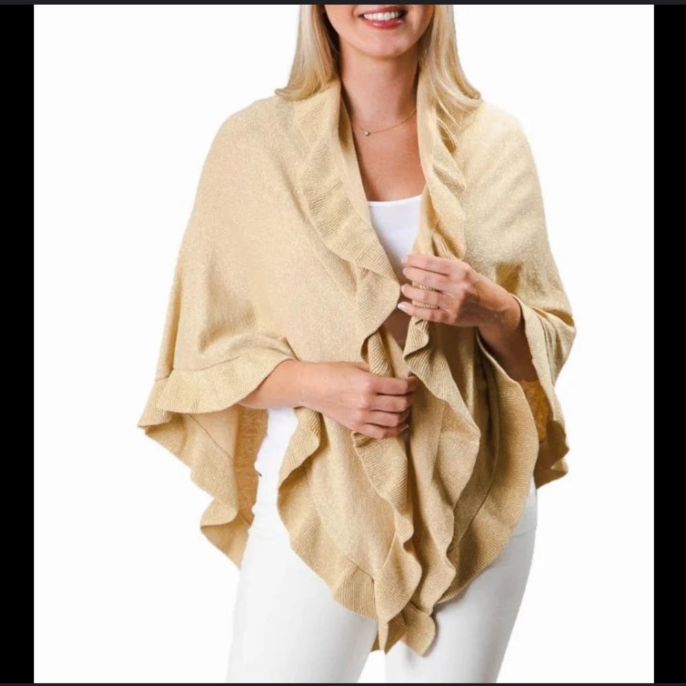 Top it off-open-front poncho/cardigan gold glittery finish